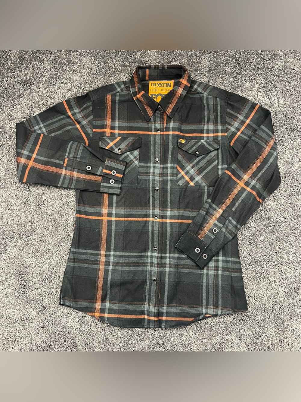 Dixxon X Fox Flannel Shirt Women's Size Large Snap Pearl Snap Black Orange Gray